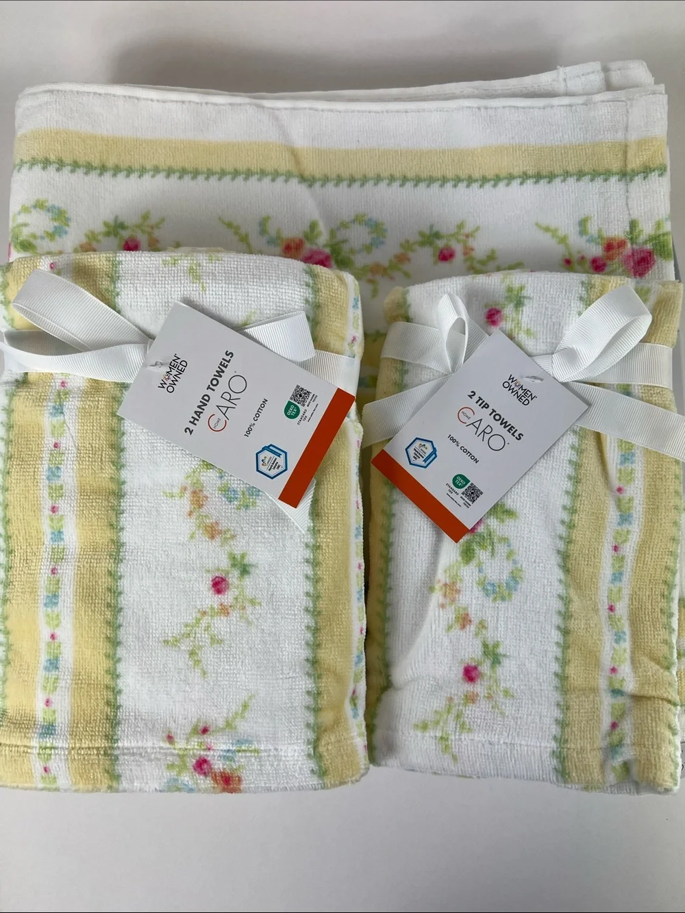 Caro Home Bath Towel Set Floral Yellow White Green Pink Velour Cotton 6 Pc NEW
